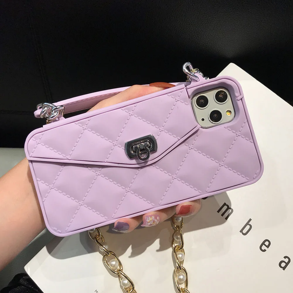 Чехол-кошелек для iPhone XS Max XR X 8 7 6s 6 Plus 11 Pro Max 10, мягкий силиконовый чехол с отделением для карт, сумочка, кошелек, чехол для телефона с длинной цепочкой - Цвет: Purple