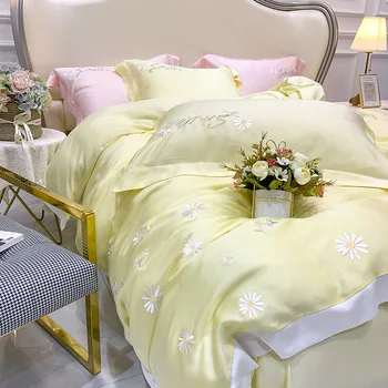 

Spring Summer 60 Double-Sided Tencel 4-piece Bedding Set Viscose Hipster Cute Little Daisy Embroided Bed Sheet Quilt Cover