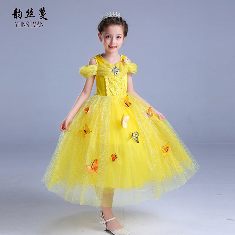 

2019 Baby Elsa Dress for Girls 1 to 12 Years Off Shoulder Yellow Party Dress with Butterflies Girls Elsa Princess Costume 8L8A