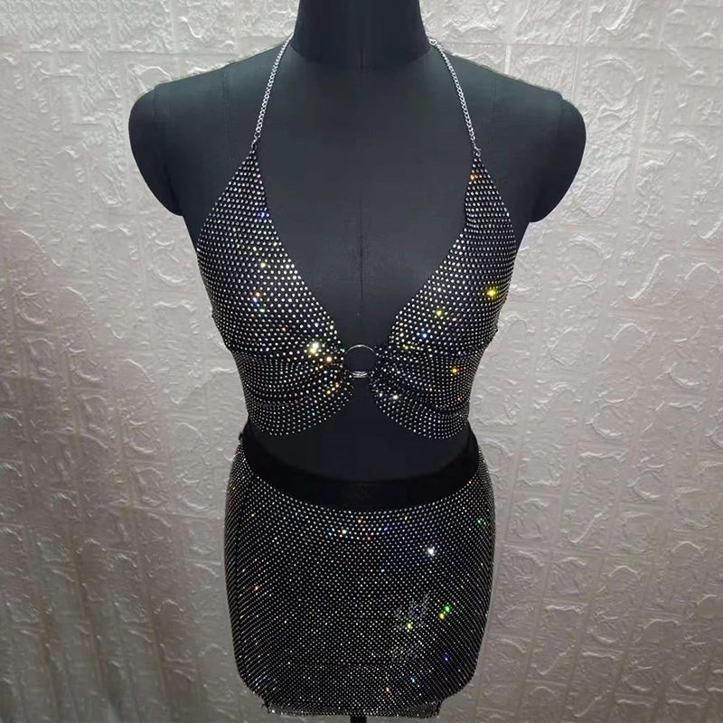 Sexy See Through Camis Halter Shiny Diamante Metal Round Ring Backless Low Cut Crop Top Party Night Club Hot Camisole For Lady