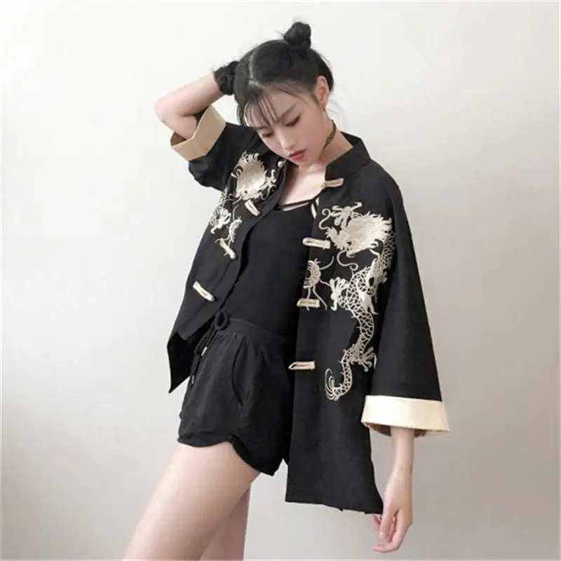 Chinese Style Embroidery Shirt Loose Stand Collar Casual Blusa Women Black Retro Tops |