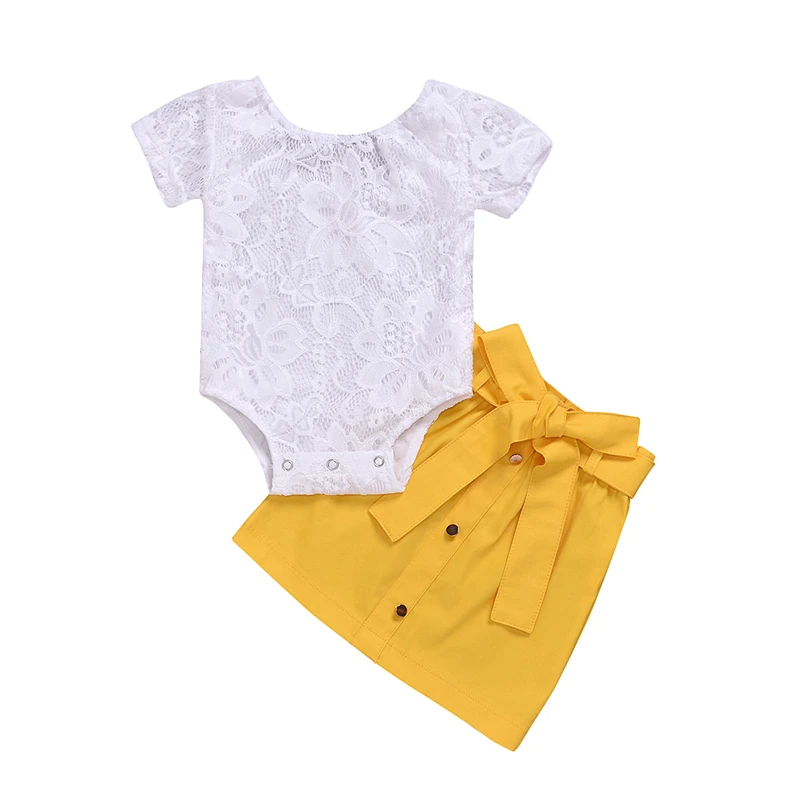 

Infant Baby Girls Short Sleeve White Lace Romper Solid Yellow/Burgundy Button Skirt Sets Summer Outfit Children Casual Outfits