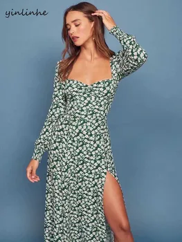 

yinlinhe Vintage High Wait green Spring Dress long Sleeve eleagnt Split Party Dress Women slim long Floral midi Vestidos 1423