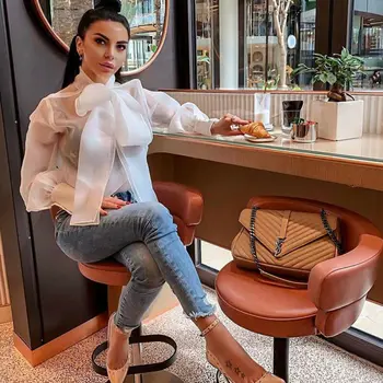

Fashion Women Long Sleeve Mesh Sheer See-through Blouse Shirts OL Office Tops Ladies Bownot Loose Lantern Sleeve Blouses