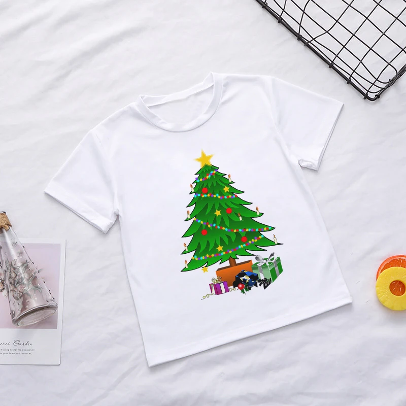 Забавная модная повседневная детская футболка с изображением новогодней елки для девочек детские футболки Kawaii для мальчиков корейский дизайн с круглым вырезом - Цвет: 597