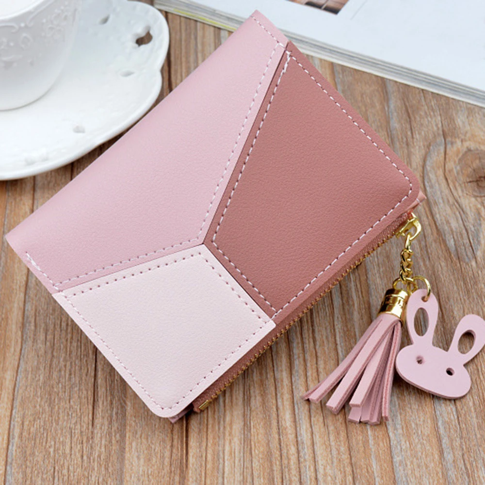 

New PU Wallet Short Ladies Zipper Wallet Female Student Korean Mosaic Color Tassels Wild Purse Card Package Women’s Purse