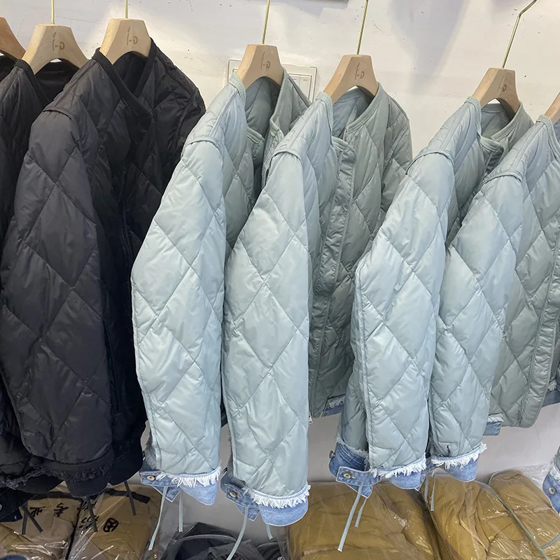 

2021 winter new down jacket fashion thin denim stitching diamond white duck down casual warm jacket women