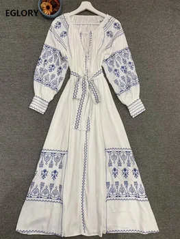 

Bohemian Long Dress 2020 Summer High Quality Women Vintage Porcelain Print Bow Belt Deco Long Sleeve Casual Beach Maxi Dress