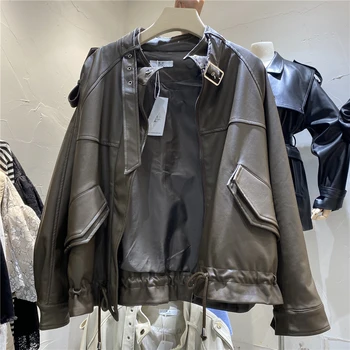 

2020 Autumn Loose Drawstring Lacing Stand collar Motorcycle leather coat Korean Faux PU leather jacket Jaqueta de couro feminina