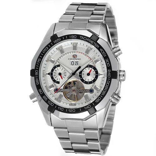Механические Мужские часы с датой на день, автоматические часы от ведущего бренда, роскошные часы FORSINING Flying Tourbillon Relojes Hombre - Цвет: silver white