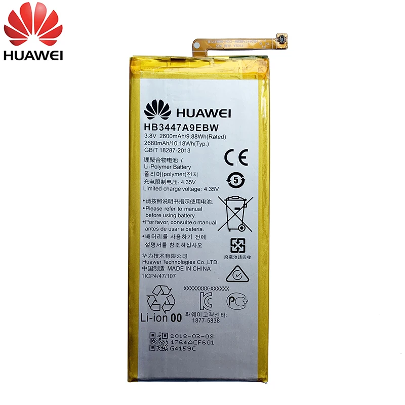 100% Оригинальный аккумулятор 2600 мА/ч HB3447A9EBW батареи Huawei Ascend P8 GRA L09 UL00 CL00 TL00 TL10 UL10