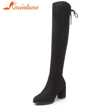 

KARINLUNA New Ladies Party Office High Chunky Heels Boots Women Fashion Cross Tied Black Over The Knee Boots Sock Shoes Woman