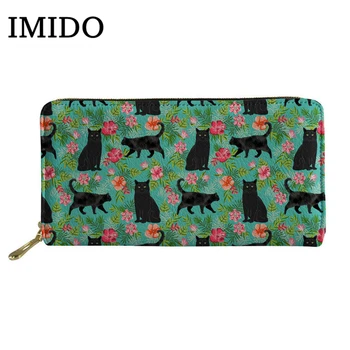 

Brand Luxury Wallets Women Women Black Cat Floral Printing Long Ladies Wallet Waterproof Leather Wallet Money Bag 2019