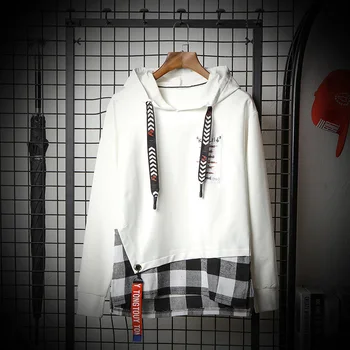 

Casual Fake Two Lattice Splice Men Sweatshirt Long Sleeve Slim Fit Streetwear Student Couple Hoodie Stranger Things Fashion 3XL