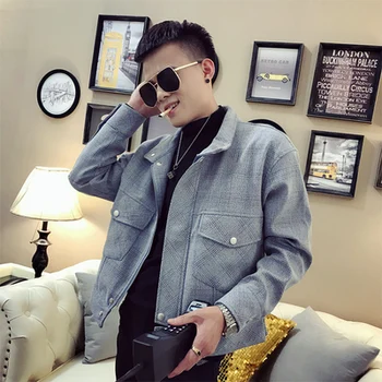 

2019 new jacket men's spring and autumn Korean version of the trend of men's tooling jacket spirit guy handsome plaid shirt