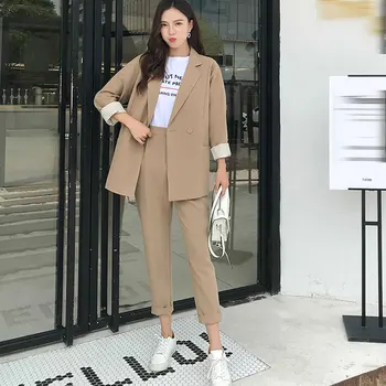 

Casual Solid Women Suits Notched Collar Jacket & Pencil Khaki Female coat Suit Autumn 2020 high quality