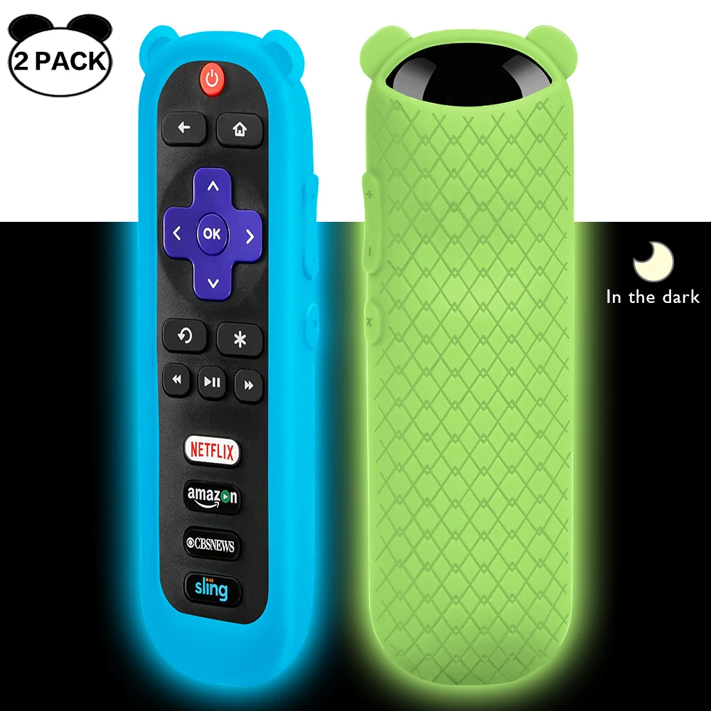 

2PACK Silicone Protective case for TCL Roku TV steaming remote stick 3600R Silicone cover with Panda Ears Glow Blue and Glow Gre