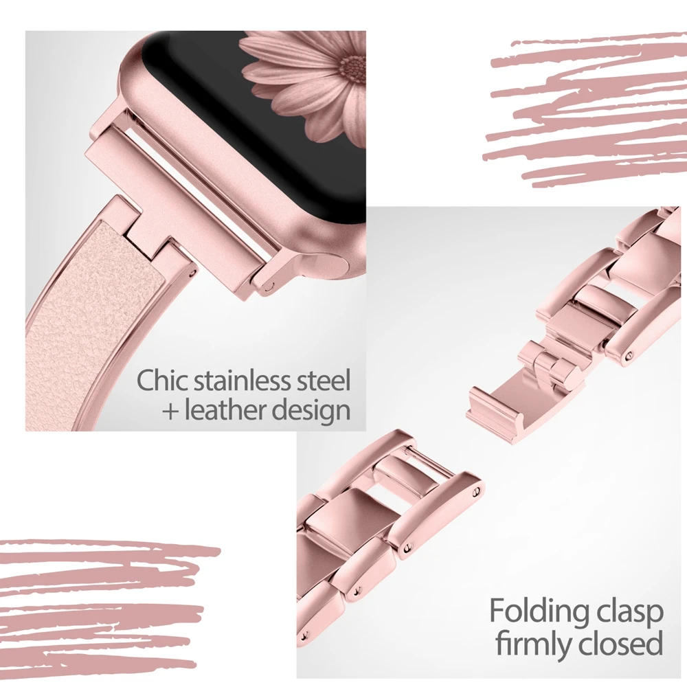 Женский металлический ремешок для Apple Watch Series 5, 40 мм, 44 мм, металлический+ кожаный браслет, ремешок для iWatch Series 4, 3, 2, 1, 38 мм, 42 мм