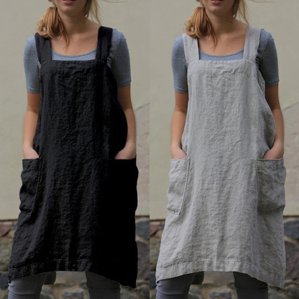 Women Bib Apron Kitchen Solid Florist Home Cooking Sleeveless Cotton Linen Cleaning Chef Household Baking Washable Pinafores
