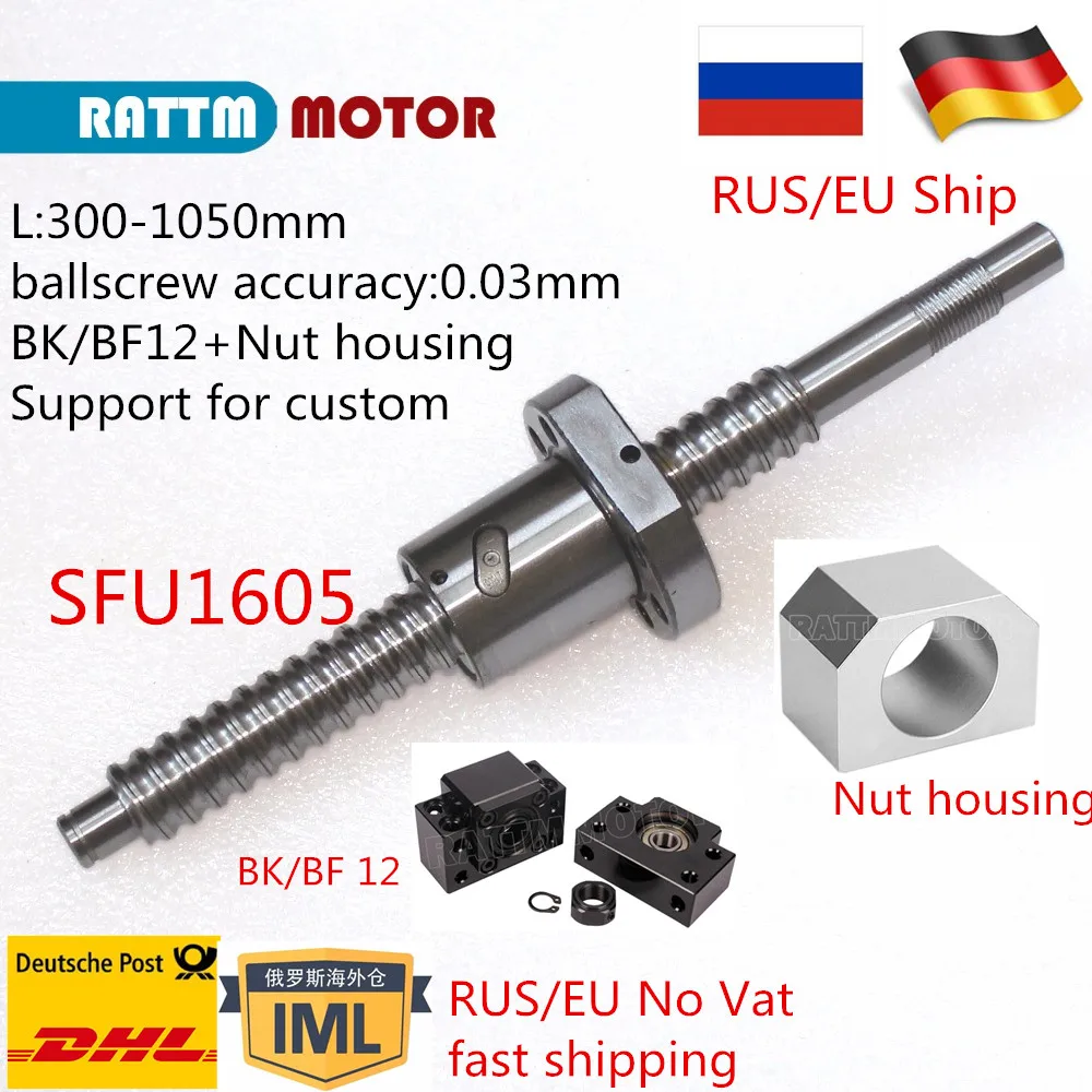 Parafuso de Esferas Sfu Rolo de 16 mm c7 1605 300 500 600 mm com bk Bf12 e Porca para Peça de Máquina de Roteador
