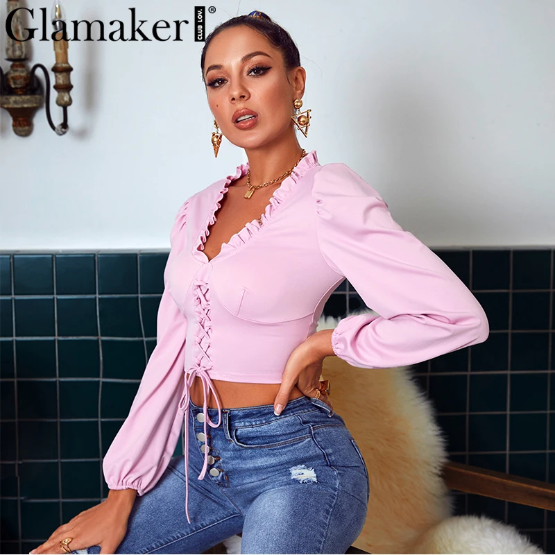 Женский укороченный топ Glamaker розовый винтажный Топ цвета фуксии с v образным