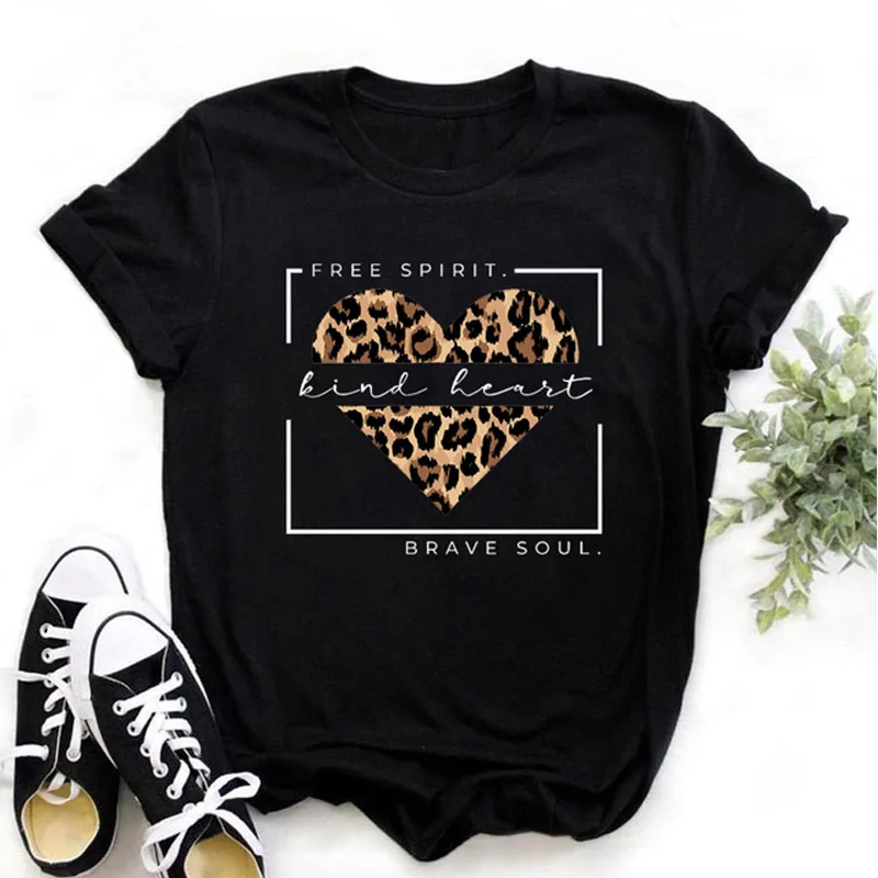 T-shirts Women Tshirt Leopard Heart Print T-shirt Casual 90s Fashion Black T Shirt Clothes Graphic Tshirt Lady Female Tee Tshirt t shirt palm angels Tees