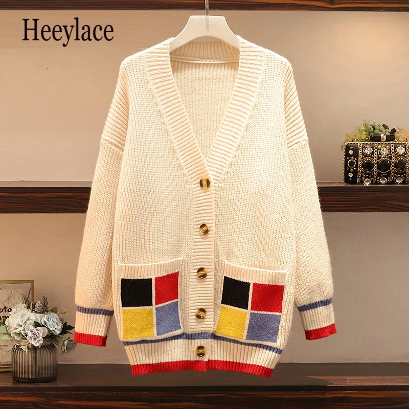 L-4XL Plus Size Cardigan Women Clothes Winter 2019 V-neck Long Sleeve Geometric Patchwork Colored Loose Casual Sweater Coats |