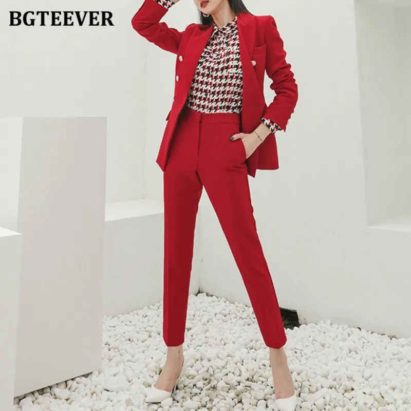 BGTEEVER Elegant OL Style Women Pant Suits Double Breasted Slim Jacket &amp Suit 2020 Autumn Winter Ladies 2 Pieces Blazer Set | Женская