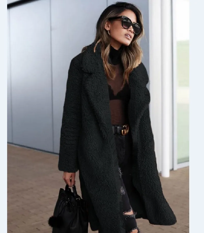 Black Autumn Winter Faux Fur Coat Women Warm Teddy Bear Coat Ladies Fur Jacket Female Teddy Outwear Plush Overcoat Long Coat - Цвет: Black