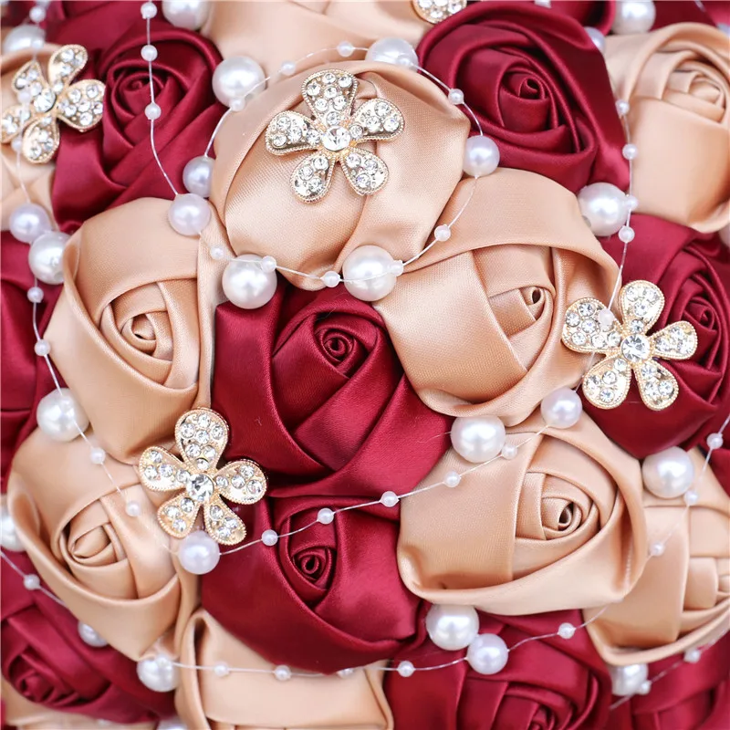 Свадебный букет, ленточные розы, держащие цветы, искусственный жемчуг, хрустальные свадебные цветы невесты, Свадебный букет невесты, W224A-G
