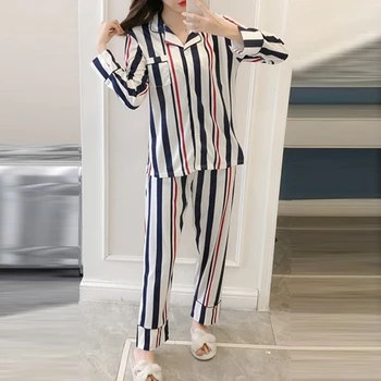 

M-2XL Femme Homewear Hot Sale Fashion Women Stripe Pajamas Sets Ladies Summer Nightwear Long Sleeve Sleepwear 2 Piece Sets Mujer