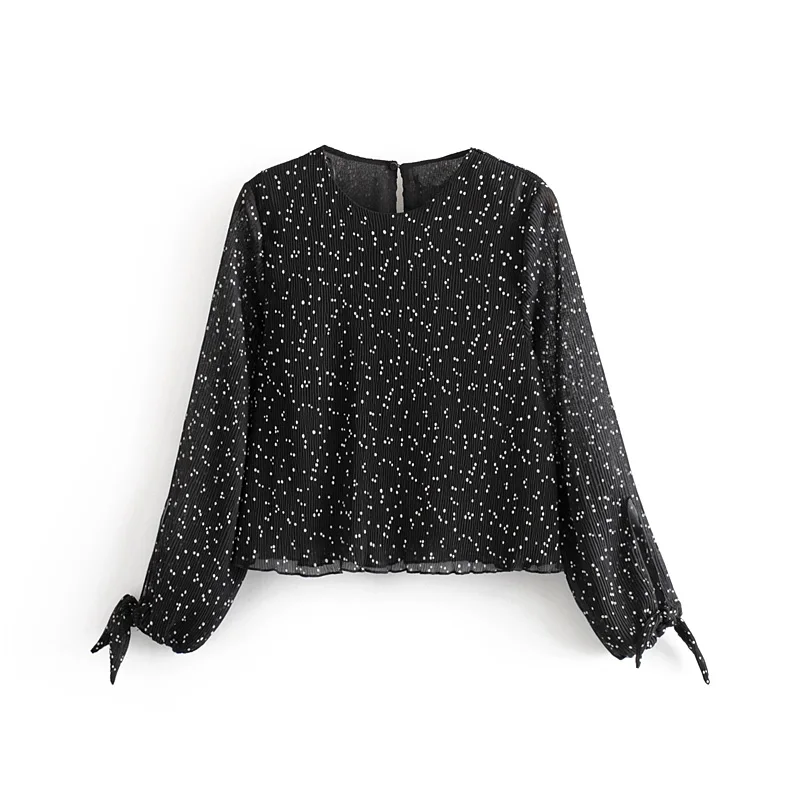 Star firefly autumn new fashion Za blouse women casual sweet lantern sleeve bow round neck wave chiffon shirt female