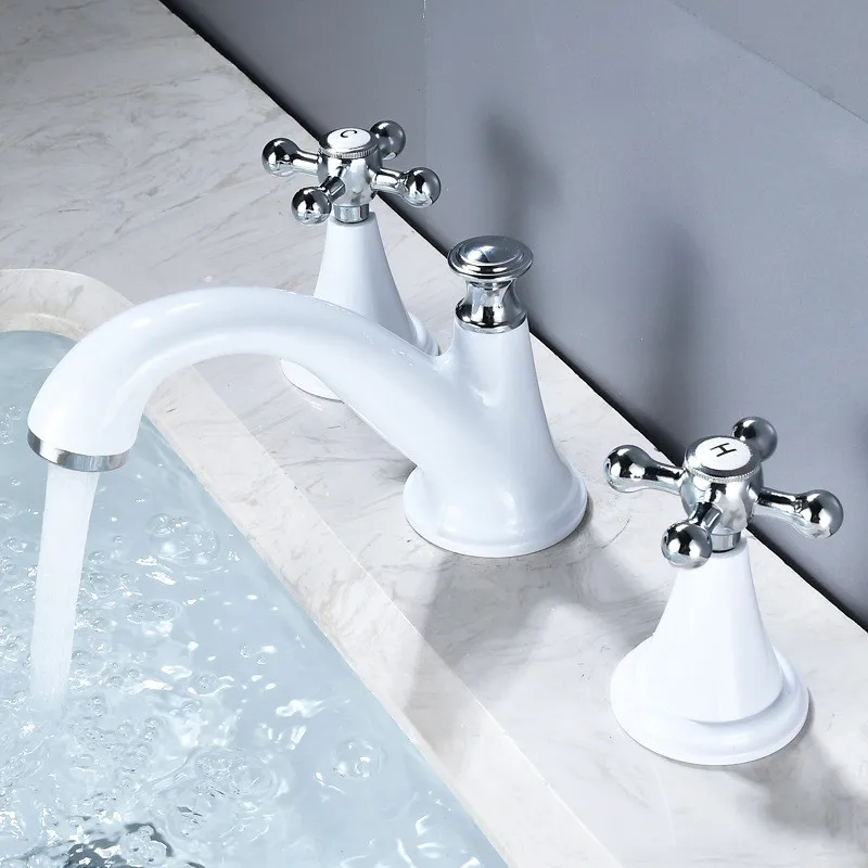 

Black Bathroom Basin Faucet Hot and Cold Water Faucet Three Holes Two Handle Mixers Tap Deck Mount Wash Tub Fauctes