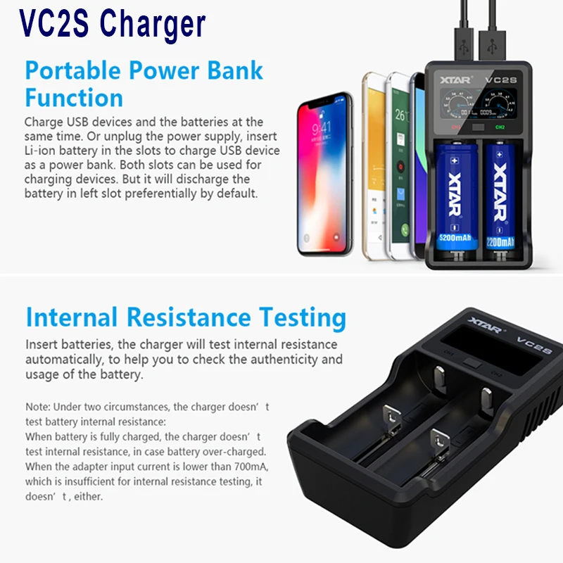 Insufficient Charge Current Pada Baterai Ponsel Drop Shipping XTAR VC2S Pengisi Daya Baterai LCD 18650 Power Bank Tahan Deteksi USB Pengisi Daya untuk 3.6V Baterai Li ion 1.2V AA|Chargers| - AliExpress