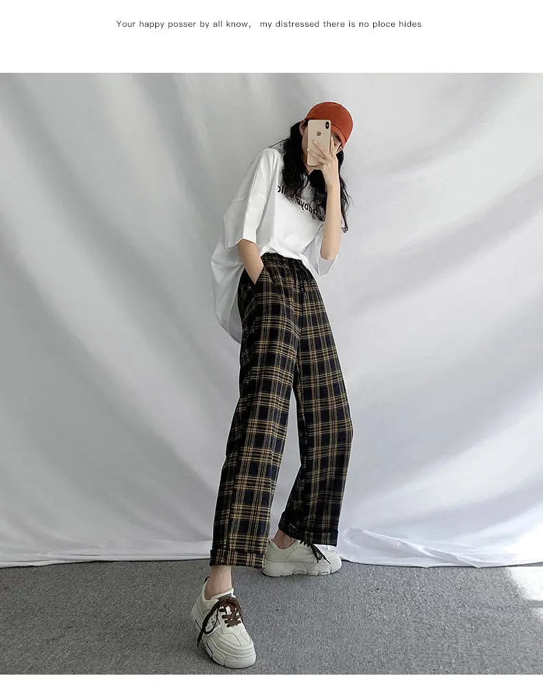 HOUZHOU Checked Black Loose Pants Women2020 Korean Style Plus Size Joggers Women Pants in a Cage For Trousers Women