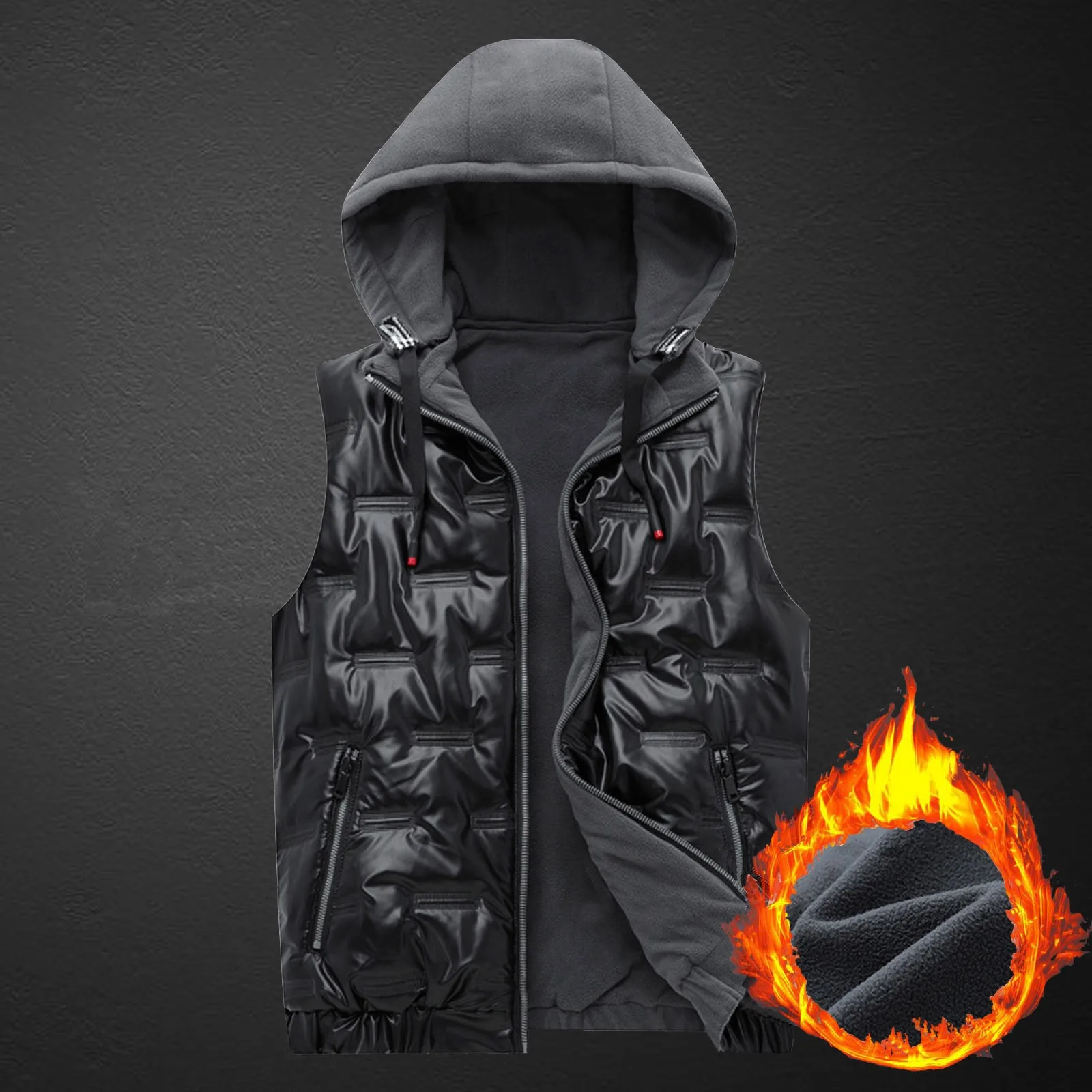 Plus Size Mens Sleeveless Vest Jacket Winter Men Fleece Leather Vest With Zipper Hooded Vest With Pocket Down Outerwear Vest 1