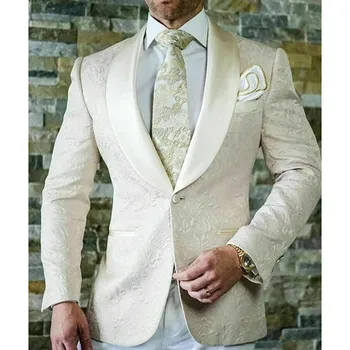 

High Quality Ivory Paisley Mens Suits Groom Tuxedos Groomsmen Wedding Party Dinner Best Man Suits (Jacket+Pants+BowTie) K297
