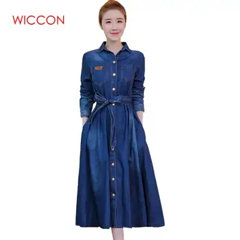 

WICCON Women Fashion Jeans Dress Long Sleeve Slim Denim Turn Down Collar Vestidos Ladies Mid Calf Long A-line Autumn Blue Dress