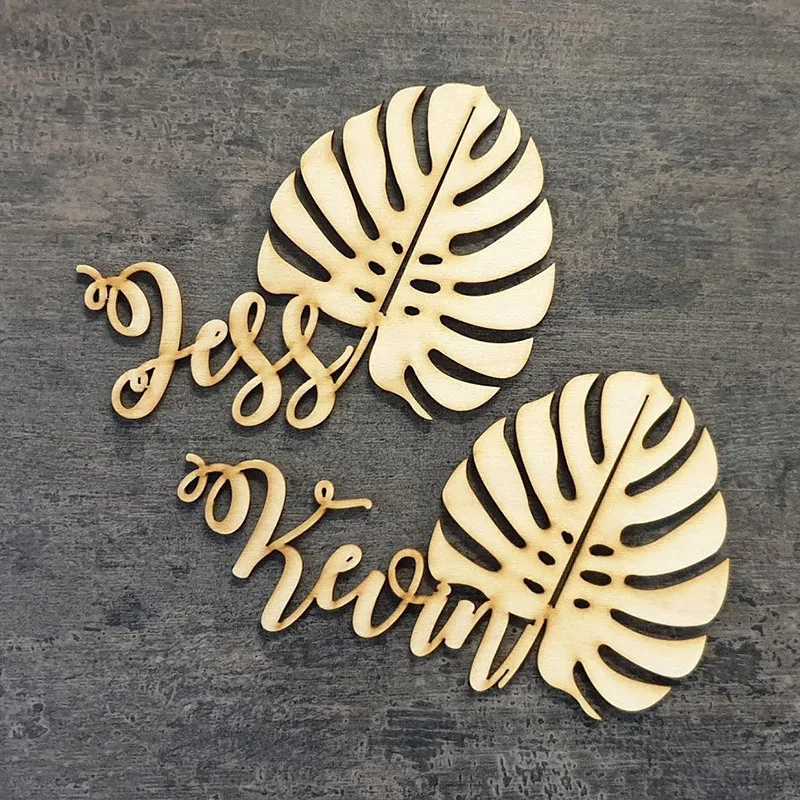 

Monstera leaf Wooden name tag, Hawaii name place setting , place cards Personalized, Laser cut names, Wedding gifts for guests