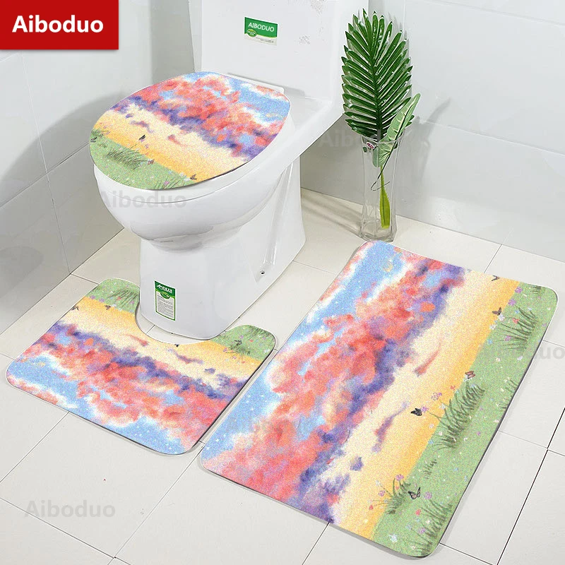 

Aiboduo 50*80cm Painting Pink 3pcs/Set Toilet Lid Cover NonSlip Girly Cute Restroom Rug Carpet Warm Home Decoration BathMat