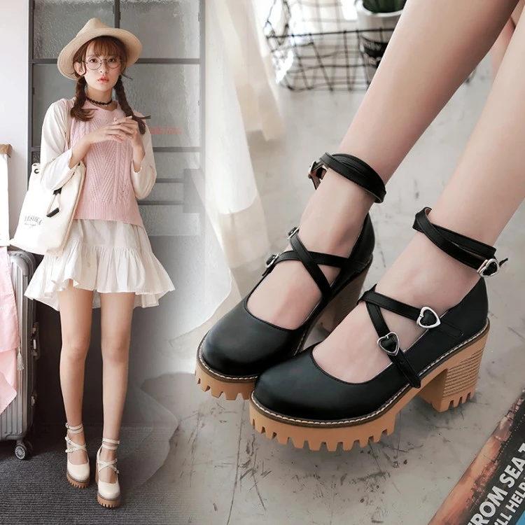日本ロリ毎日靴丸頭厚いヒールクロス包帯女性の靴浅い口かわいい靴コスプレ 靴 Aliexpress