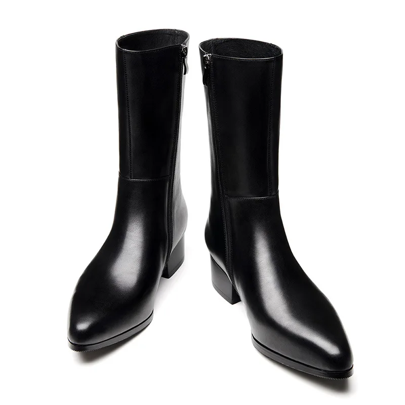 

Men's leather boots, pointed toe, middle tube, top layer, cow leather, men's boots, zipper boots, plush leather shoes large size