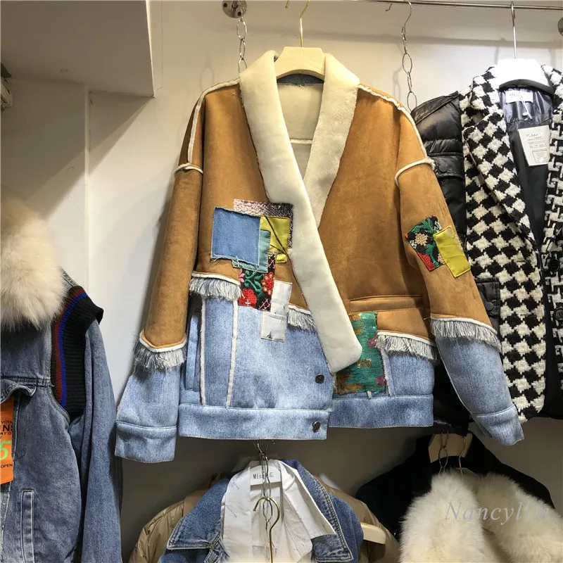 

Winter Jacket Women 2020 Winter New European Style Stitching Lamb Wool Contrast Color Faux Fur Coat Female Lady Streetwears