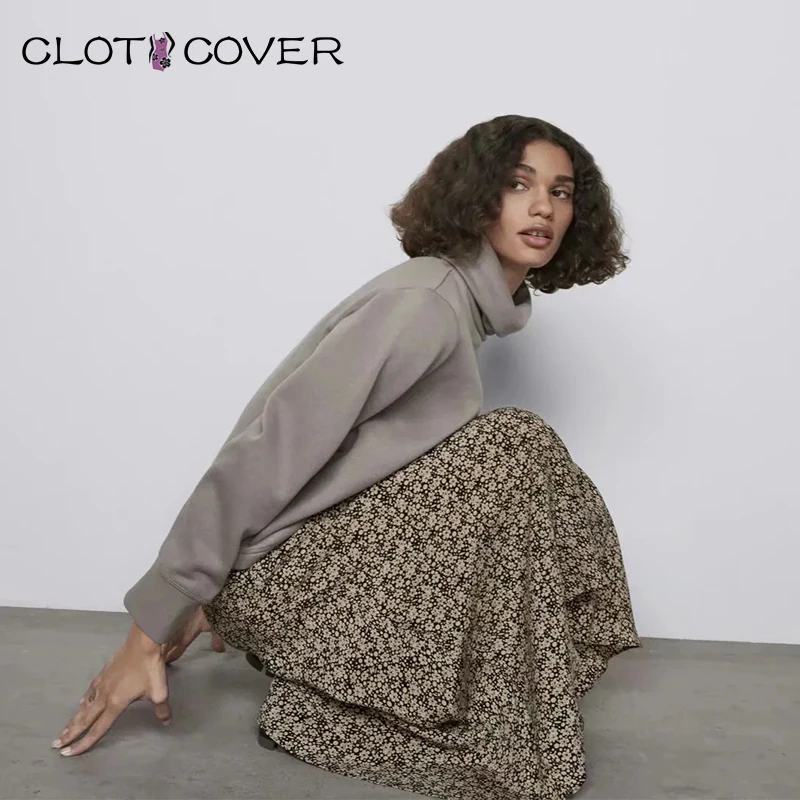 Cloth Cover Women's Skirts Vintage Floral Print Pleated Long Streetwear Drawstring Lady Fashion Elastic Waist Midi Dress | Женская