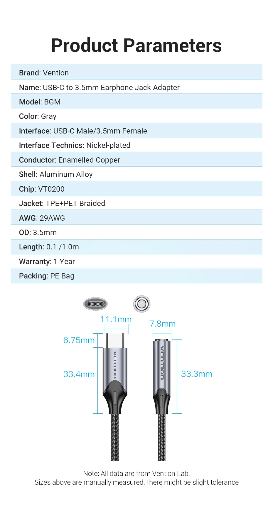 Vention Typ-C zu 3,5mm Kopfhöreranschluss-Adapter USB-C zu 3,5mm Audio-Kabel Aux-Kopfhörer-Audiokabel mit DAC-Chip für Samsung Galaxy – Detail 14