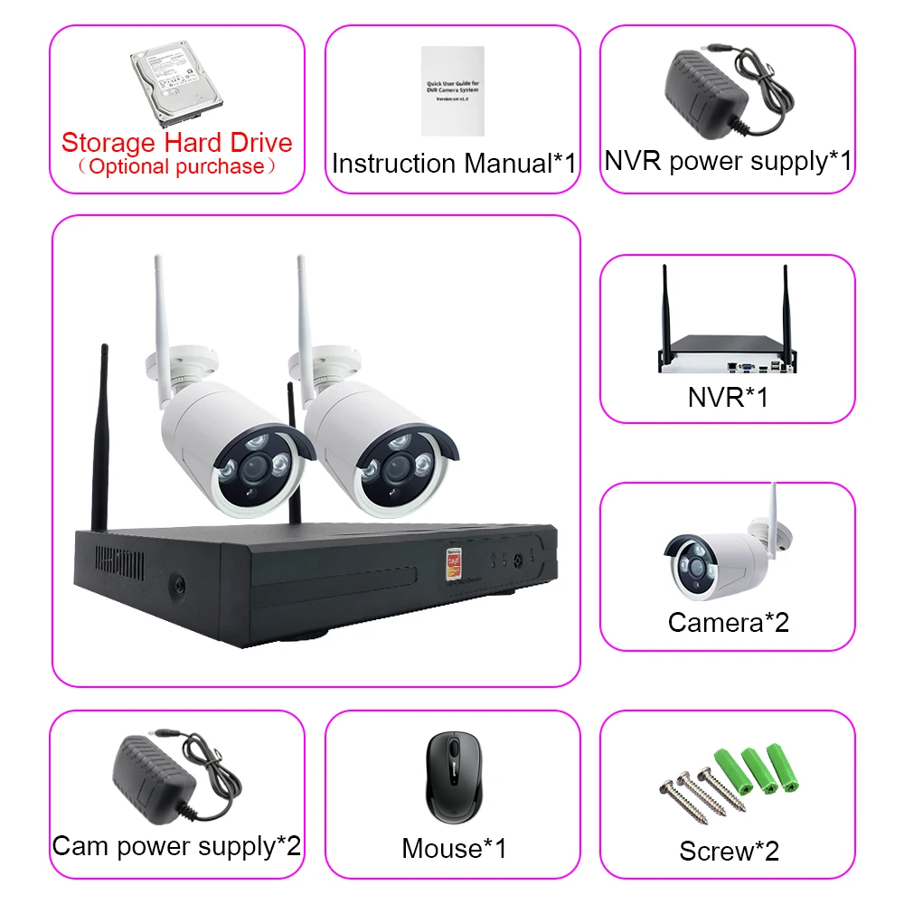 1080P 2CH camera kit 1080P Wi-Fi камера наблюдения комплект 2CH/4CH Беспроводной NVR комплект домашнего видеонаблюдения инфракрасного ночного видения Открытый водонепроницаемый пуля камера - Цвет: 1080P 2CH camera kit
