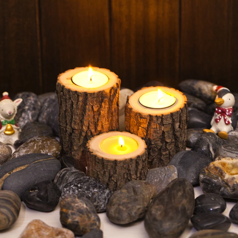 

1pc Tea Light Candle Holders Bark Wooden Pillar Candlestick Holder Set for Rustic Wedding, Party, Birthday, Holiday Decoration
