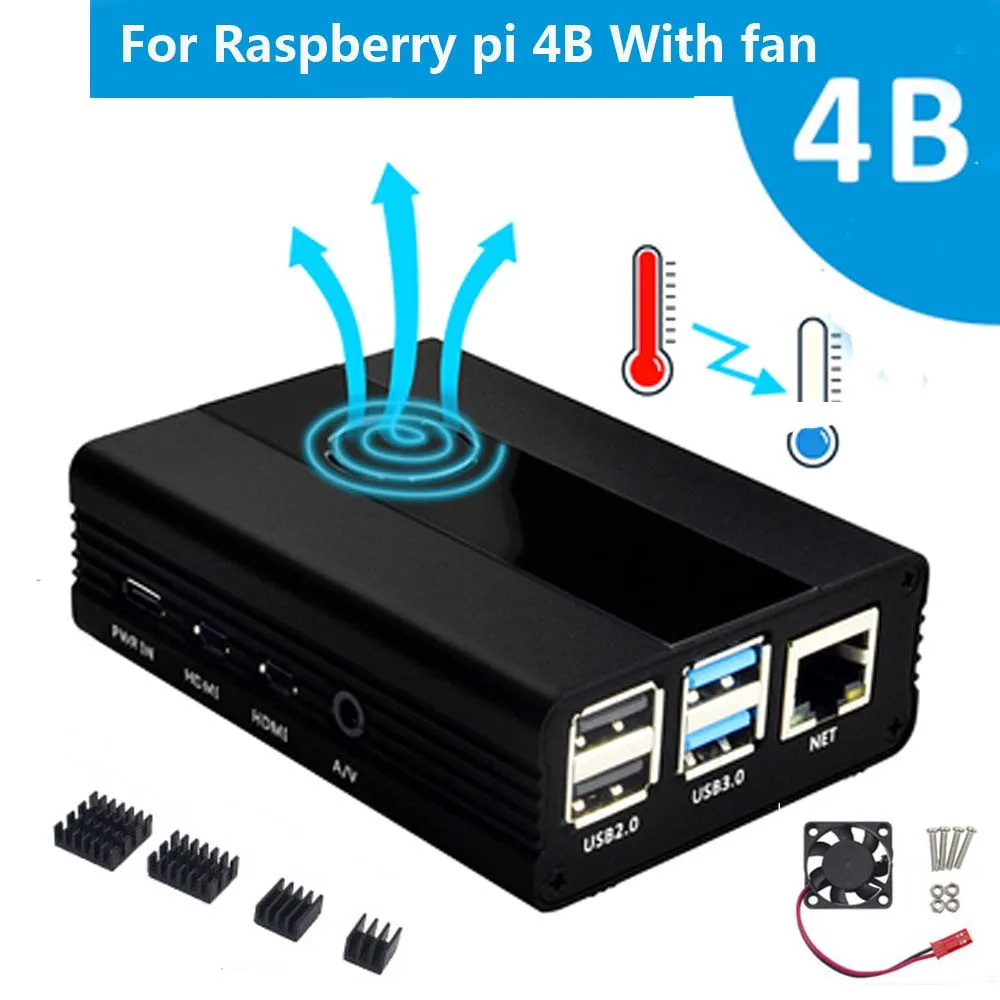 Новинка Raspberry Pi 4 Модель B алюминиевый корпус+ вентилятор охлаждения+ радиатор для Raspberry pi 4B - Цвет: Черный