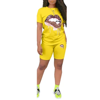 

Women Two Pieces Casual Style Outfit Short Sleeve Lips Printed T-shirt Top Elastic Waist Shorts Female O-Neck Pullover Clubwear