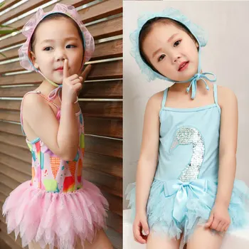 

Baby Kids Girls Sequin Swan Print Swimwear Bathing Toddler Baby Ice Cream Print One Piece Swimwear Swimsuit Hat Set Bikini Set